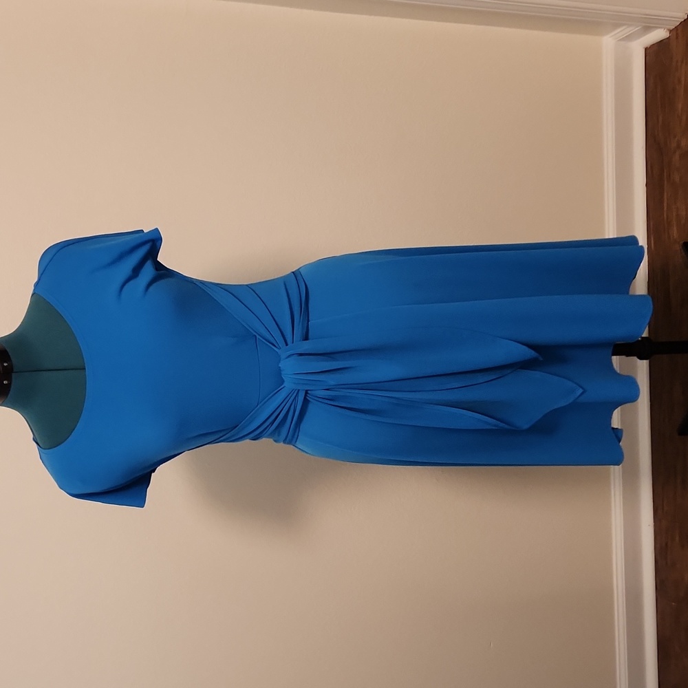 Signature sky blue high-low dress with waist sash